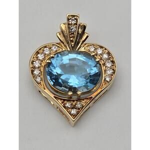 Solid 14k Gold blue topaz Diamond Heart Pendant 5.3g Vintage